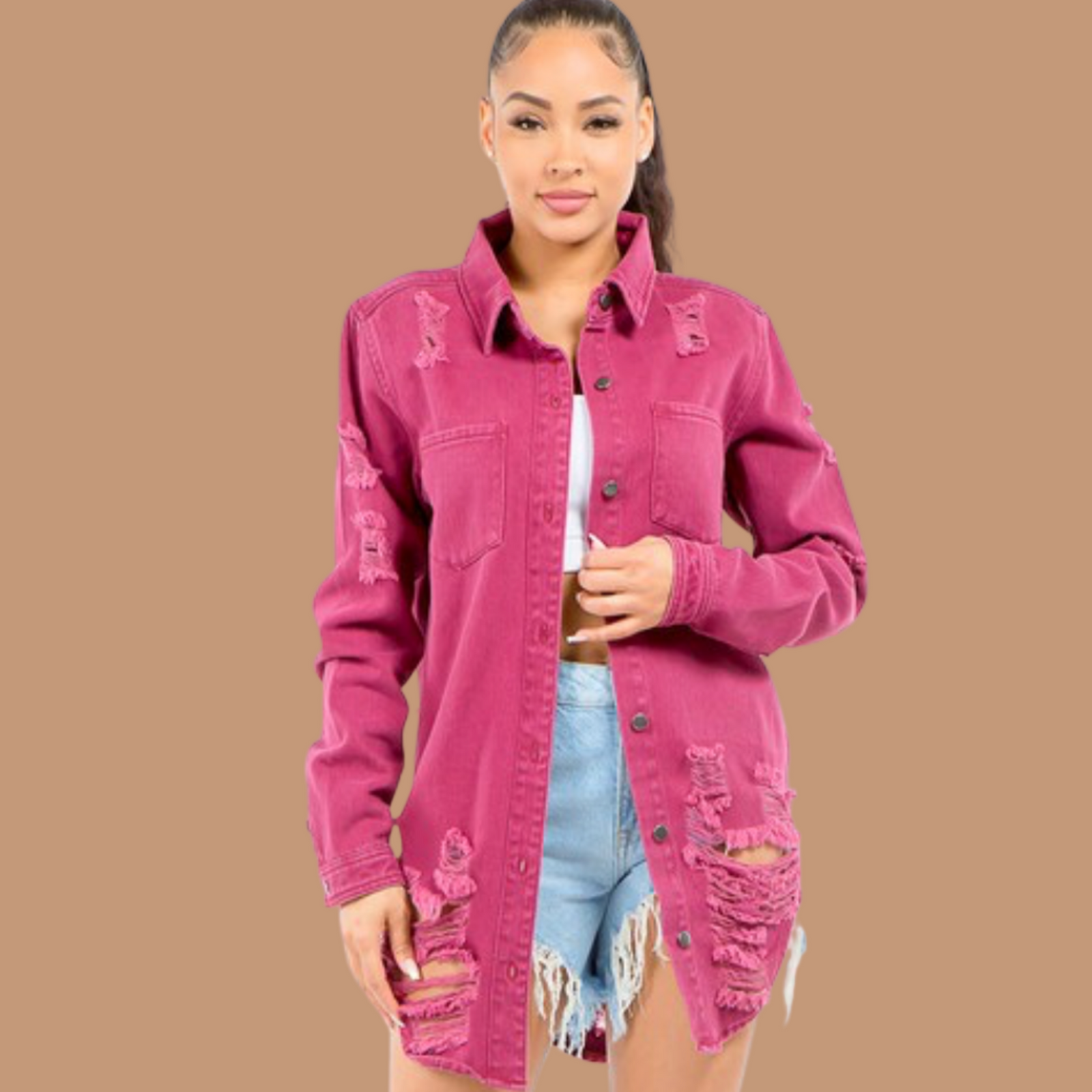 Distressed Denim Jacket- Plum