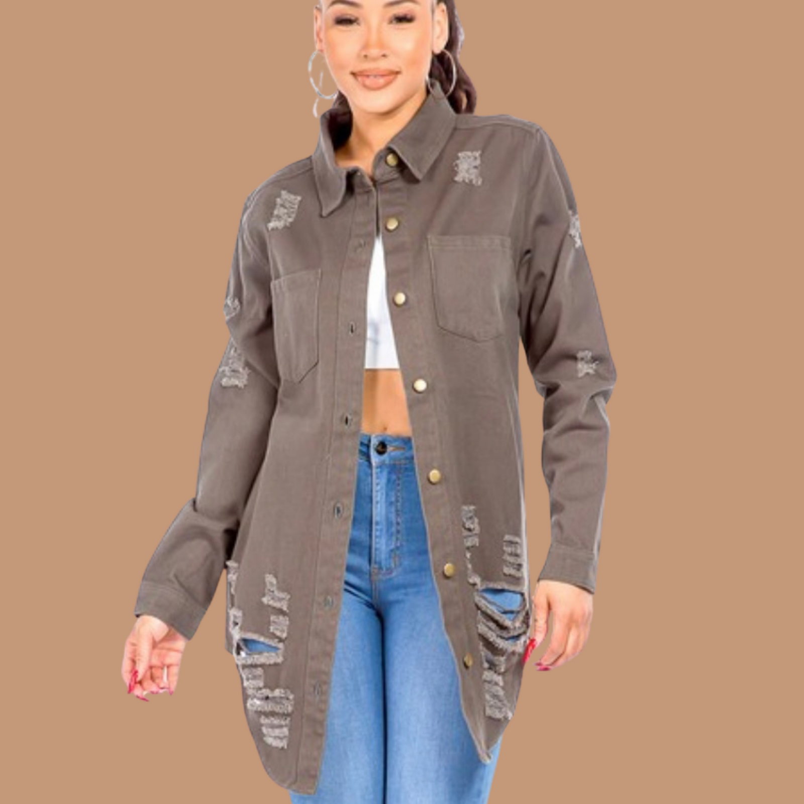 Distressed Denim Jacket- Olive